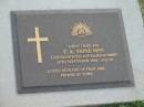 F.A. SHINE,
died 10 Sept 2004 aged 88 years,
husband of Fran,
father of Tony;
Mudgeeraba cemetery, City of Gold Coast