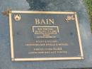 Roy Percival BAIN,
24-10-1930 - 4-2-2005,
husband of Marie,
father of Karen & Gregory,
grandchildren Jenelle & Michael;
Mudgeeraba cemetery, City of Gold Coast