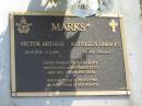 Victor Arthur MARKS,
30-10-1914 - 17-2-2001;
Kathleen Bridget MARKS,
1-8-1914 - 29-5-2007;
parents of Carol & Joy,
grandparents of Ben, Lisa, Ellie & Matthew;
Mudgeeraba cemetery, City of Gold Coast