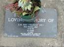 Eva May Francis HEY,
died 3-10-93 aged 81 years;
Mudgeeraba cemetery, City of Gold Coast