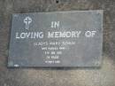 Gladys Mary SCHUH,
died 4 Jan 1991 aged 79 years;
Mudgeeraba cemetery, City of Gold Coast