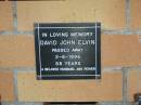 David John ELVIN,
died 2-6-1996 aged 58 years,
husband father;
Mudgeeraba cemetery, City of Gold Coast