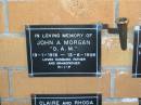 John A, MORGAN,
19-1-1916 - 13-6-1998,
husband father grandfather;
Mudgeeraba cemetery, City of Gold Coast