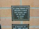 Gregory H. WEIR,
died 31 Oct 1972 aged 66 years;
Mudgeeraba cemetery, City of Gold Coast