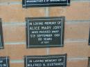 Alice Mary JORY,
died 5 Sept 1981 aged 80 years;
Mudgeeraba cemetery, City of Gold Coast