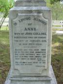 Anne, wife of John COLLINS,
died Sunday 18 Jan 1891 in her 74th year;
John COLLINS,
born 10 Sept 1812,
died Sunday 14 Aug 1989;
John George COLLINS, youngest son,
born 17 Dec 1849 died 16 Sept 1910;
Robert Martin COLLINS, eldest son,
born 17 Dec 1843 died 18 Aug 1913,
sleeps at Tamrookum;
William COLLINS, second son,
born 26 April 1846 died 22 Jan 1909;
Gwendoline, wife,
born 9 April 1870 died 16 Nov 1962;
Jane COLLINS, eldest daughter,
born 22 Sept 1841 died 7 Jan 1927;
Mundoolun Anglican cemetery, Beaudesert Shire