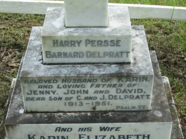 Harry Persse Barnard DELPRATT,  | husband of Karin,  | father of Jenny, John & David,  | son of C. & J. DELPRATT,  | 1913 - 1951;  | Karin Elizabeth (nee AAGAARD), wife,  | 29-8-22 - 22-7-79;  | Mundoolun Anglican cemetery, Beaudesert Shire  | 