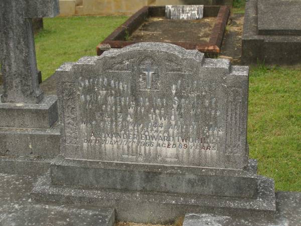 Eliza TWOHILL,  | wife mother  | died 2 May 1944 aged 60 years;  | Alexander Edward TWOHILL,  | father,  | died 17 July 1966 aged 89 years;  | Murwillumbah Catholic Cemetery, New South Wales  | 