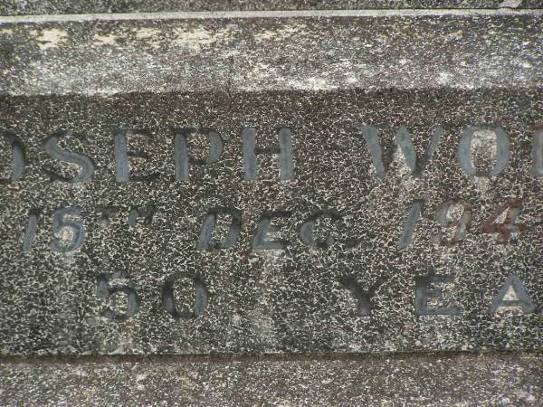 John Joseph WORLEY,  | husband father,  | died 15 Dec 1947 aged 50 years;  | Florence Ada WORLEY,  | wife,  | died 18-5-66 aged 66 years;  | Murwillumbah Catholic Cemetery, New South Wales  | 