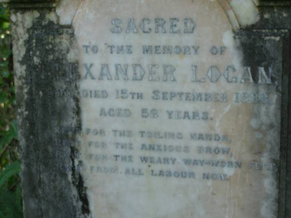 Eliza,  | wife of Alexander LOGAN,  | died 23 Aug 1911 aged 78 years;  | Christina Sarah,  | daughter of Alexander & Eliza LOGAN,  | died 12 April 1877 aged 2 years 7 months;  | Alexander LOGAN,  | died 15 Sept 1888 aged 58 years;  | North Tumbulgum cemetery, New South Wales  | 