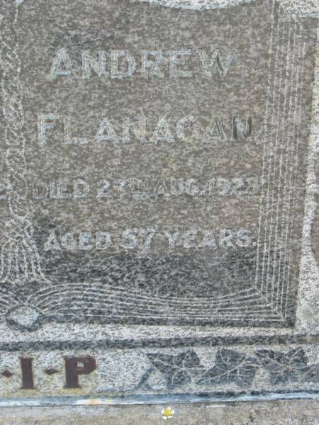 Catherine FLANAGAN,  | died 14 Aug 1942 aged 57 years;  | Andrew FLANAGAN,  | died 27 Aug 1928 aged 57 years;  | St James Catholic Cemetery, Palen Creek, Beaudesert Shire  | 