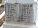 
Augusta VIERITZ, died 12 Mar 1952 aged 86 years;
Christian VIERITZ died 13 Aug 1932 aged 85 years;
parents;
Peachester Cemetery, Caloundra City
