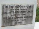 
Elizabeth Agnes Mary GRIGOR, aged 74 years;
William Andrew GRIGOR, aged 62 years;
parents;
Peachester Cemetery, Caloundra City
