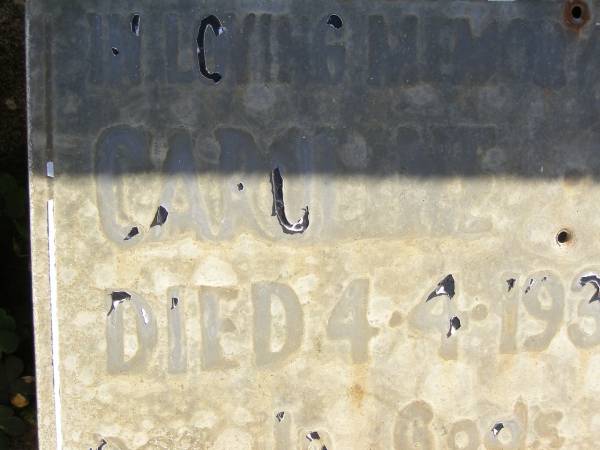 Hermine BILLIAU,  | sister,  | died 27 Dec 1937 aged 63 years;  | Caroline BILLIAU,  | sister,  | died 4-4-1939 aged 56 years;  | Pimpama Island cemetery, Gold Coast  | 