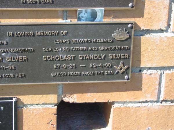 Lona Elizabeth SILVER,  | wife mother grandmother,  | 7-7-24 - 6-11-96;  | Scholast Standly SILVER,  | husband of Lona,  | father grandfather,  | 27-6-25 - 23-4-00;  | Pimpama Island cemetery, Gold Coast  | 