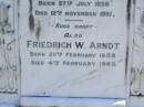 Caroline ARNDT,
wife of Friedrich ARNDT,
born 27 July 1858,
died 12 Nov 1931;
Friedrich W. ARNDT,
born 20 Feb 1858,
died 4 Feb 1945;
Pimpama Island cemetery, Gold Coast