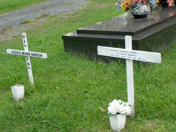 Charles Patrick OBRIEN,  | 19 Oct 1916 - 02 Jan 03.  | pop;  | Jessie Maud OBRIEN,  | 21-5-1918 - 8-10-2002;  | Pimpama Uniting cemetery, Gold Coast  | 