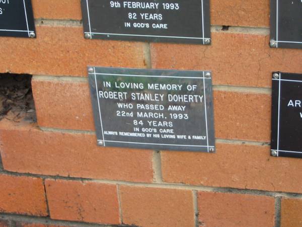 Robert Stanley DOHERTY,  | died 22 March 1993 aged 84 years,  | remembered by wife & family;  | Pimpama Uniting cemetery, Gold Coast  | 