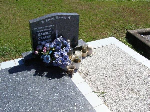 Garnet Claude GREINKE, husband son-in-law,  | born 13-10-1930 died 4-7-1998;  | Pine Mountain St Peter's Anglican cemetery, Ipswich  | 