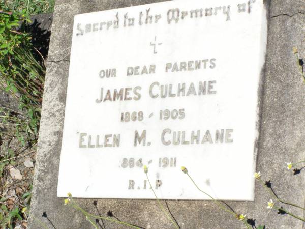 parents;  | James CULHANE, 1868 - 1905;  | Ellen M. CULHANE, 1864 - 1911;  | Pine Mountain Catholic (St Michael's) cemetery, Ipswich  | 