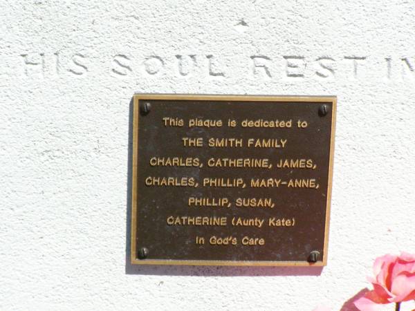 James SMITH,  | native of County Cavan Ireland,  | died 2 Dec 1869 aged 30,  | erected by brother Charles SMITH;  | The SMITH family,  | Charles, Catherine, James,  | Charles, Phillip, Mary-Anne,  | Phillip, Susan,  | Catherine (Aunty Kate);  | Pine Mountain Catholic (St Michael's) cemetery, Ipswich  | 