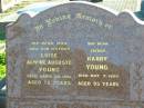 Luise Alwine Auguste YOUNG, wife mother,
died 30 April 1961 aged 72 years;
Harry YOUNG, father,
died 7 May 1980 aged 93 years;
Plainland Lutheran Cemetery, Laidley Shire