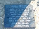 Emma J HARM
d: 5 Jul 1964, aged 79
Franz F HARM
d: 5 Jul 1968, aged 82
Plainland Lutheran Cemetery, Laidley Shire