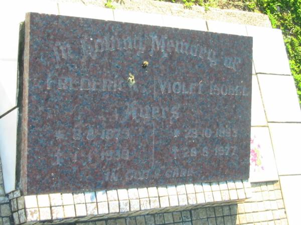 Frederick AYERS  | 8-8-1875 - 1-1-1938;  | Violet Isobel AYERS,  | 29-10-1893 - 28-8-1977;  | Polson Cemetery, Hervey Bay  | 