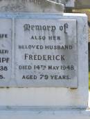 Johanna SEMPF,
wife mother,
died 18 July 1938 aged 70 years;
Frederick,
husband,
died 14 May 1948 aged 79 years;
Polson Cemetery, Hervey Bay