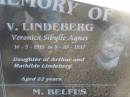 Charles Frederick BELFUS,
6-3-1920 - 2-3-1937 aged 17 years,
son of Carl & Mathilde BELFUS;
Carl August BELFUS,
11-2-1871 - 19-9-1954 aged 83 years,
husband of Mathilde,
father of Charles & Friedericka;
Veronica Sibylle Agnes LINDEBERG,
16-5-1915 - 8-10-1937 aged 22 years,
daughter of Arthur & Mathilde LINDEBERG;
Mathilde Wilhelmine Louisa BELFUS,
29-4-1879 - 14-6-1950 aged 71 years,
daughter of Henry & Wilhelmine PROVE,
wife of Arthur LINDEBERG & Carl BELFUS,
mother of 9 children;
Polson Cemetery, Hervey Bay