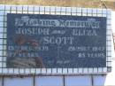 Jospeh SCOTT,
died 15 Dec 1939 aged 77 years;
Eliza SCOTT,
died 20 Oct 1947 aged 85 years;
Polson Cemetery, Hervey Bay