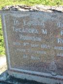 Theadora M. ROBINSON,
died 9 Sept 1934 aged 71 years;
Robert ROBINSON,
died 7 Nov 1942 aged 82 years;
Polson Cemetery, Hervey Bay