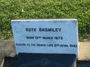 Ruth BROMILEY,
born 15 March 1879,
died 2 April 1943;
Alma BROMILEY,
sister of Ruth,
died 26 Dec 1971 aged 82 years 9 months;
Polson Cemetery, Hervey Bay
