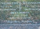Mervyn William John MCKENZIE,
19-3-1914 - 28-8-1991,
husband father;
Susannah Patrick MCKENZIE,
29-3-1914 - 24-10-2006,
wife mother;
Bruce Mervyn MCKENZIE,
4-11-1946 - 26-6-1965,
son brother;
Polson Cemetery, Hervey Bay