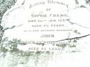 
Sophie GRAMS?,
died 28 Jan 1922 aged 75 years;
John, husband,
died 19 Dec 1919 aged 92 years;
Ropeley Immanuel Lutheran cemetery, Gatton Shire
