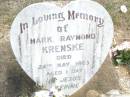 Mark Raymond KRENSKE,
died 24 May 1963 aged 1 day;
Ropeley Immanuel Lutheran cemetery, Gatton Shire