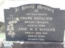 
parents;
Frank NATALIER, 
died 28 July 1970 aged 81 years;
Anne M.E. NATALIER,
died 11 Sept 1972 aged 81 years;
Ropeley Immanuel Lutheran cemetery, Gatton Shire
