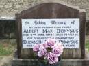 
Albert Max DIONYSIUS, husband father,
died 5 June 1979 aged 78 years;
Elizabeth Meta DIONYSIUS, mother grandmother,
died 6 Dec 1995 aged 86 years;
Ropeley Immanuel Lutheran cemetery, Gatton Shire
