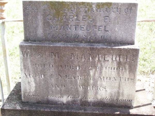 Charles F. MANTEUFEL,  | son of W. & M. MANTEUFEL,  | died 24 April 1909 aged 1 year 7 months 2 weeks;  | Ropeley Immanuel Lutheran cemetery, Gatton Shire  | 