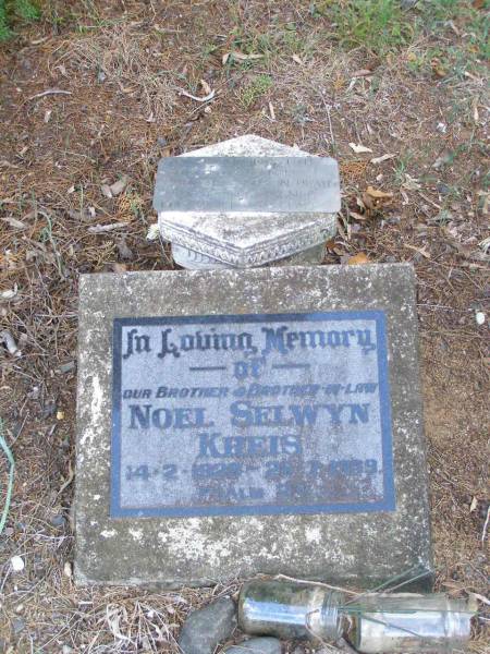 Noel Selwyn KREIS, brother brother-in-law,  | 14-2-1929 - 26-7-1989;  | Ropeley Immanuel Lutheran cemetery, Gatton Shire  | 