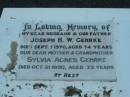 Joseph H.W. GEHRKE, husband father,
died 1 Sept 1970 aged 74 years;
Sylvia Agnes GEHRKE, mother grandmother,
died 21 Oct 1990 aged 73 years;
Rosevale Church of Christ cemetery, Boonah Shire