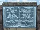 Ellen Chorline CHRISTENSEN, mother,
died 13 April 1966 aged 80 years;
John Eric Freice CHRISTENSEN, husband father,
died 3 March 1956 aged 73 years;
Rosevale Church of Christ cemetery, Boonah Shire