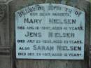 parents;
Mary NIELSEN,
died 8 Aug 1907 aged 41 years;
Jens NIELSEN,
died 23 July 1936 aged 83 years;
Sarah NIELSEN,
died 29 Dec 1917 aged 12 years;
Rosevale Church of Christ cemetery, Boonah Shire