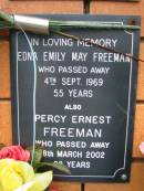 Edna Emily May FREEMAN,
died 4 Sept 1969 aged 55 years;
Percy Ernest FREEMAN,
died 8? March 2002 aged ?? years;
Rosewood Uniting Church Columbarium wall, Ipswich