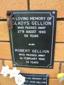 Gladys GELLION,
died 27 Aug 1990 aged 69 years;
Robert GELLION,
died 1 Feb 1998 aged 78 years;
Rosewood Uniting Church Columbarium wall, Ipswich