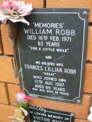 William ROBB,
died 16 Feb 1971 aged 83 years;
Frances Lillian ROBB, wife,
died 12 Aug 1987 aged 89 years;
Rosewood Uniting Church Columbarium wall, Ipswich