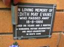Edith May EVANS,
died 18-8-1986 aged 99 years 3 months,
mother grandmother great-grandmother;
Rosewood Uniting Church Columbarium wall, Ipswich