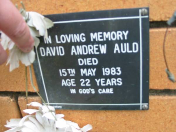 David Andrew AULD,  | died 15 May 1983 aged 22 years;  | Rosewood Uniting Church Columbarium wall, Ipswich  | 