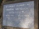 Maria Antonia WENTHOLT,
10-10-1920 - 20-5-1966;
Piet Hein WENTHOLT,
19-5-1951 - 25-9-1988;
Samsonvale Cemetery, Pine Rivers Shire