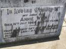 Mary Ann,
wife of Richard Reynolds WINN,
died 21 Oct 1919 aged 64 years;
Richard Reynolds WINN,
died 12 Sep 1927 aged 74 years;
Mary Ann FRISCH,
daughter,
died 22 Nov 1928 aged 46 years;
Richard Reynolds WINN,
father,
died 19 Oct 1950 aged 71 years;
Annie WINN,
wife mother,
died 16 July 1955 aged 62 years;
Richard Reynolds WINN III,
21-2-1912 - 14-05-1999 aged 86 years,
remembered by wife, children, grandchildren;
Samsonvale Cemetery, Pine Rivers Shire